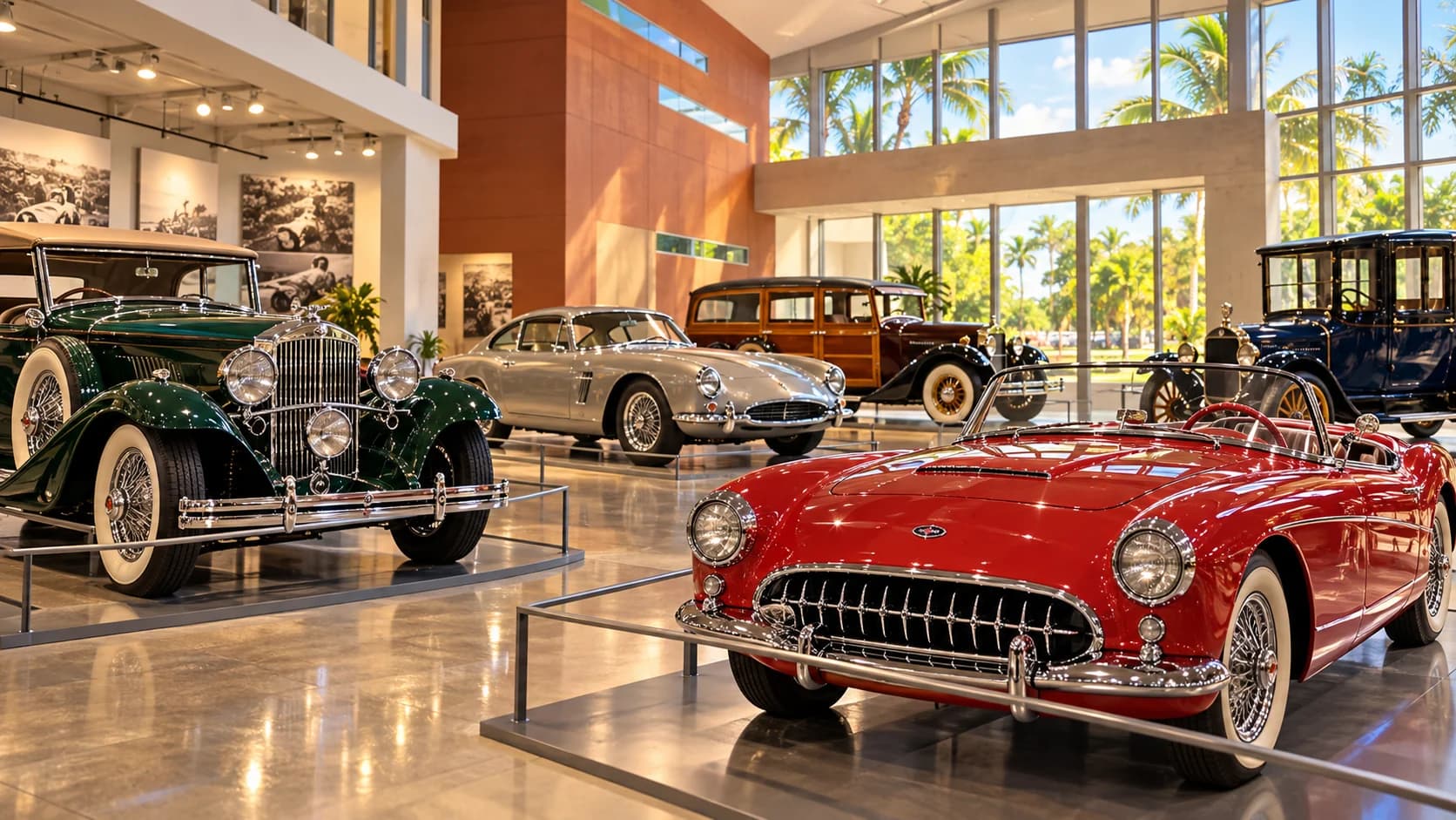 An indoor gallery of vintage cars inspired by the Elliott Museum in Stuart.