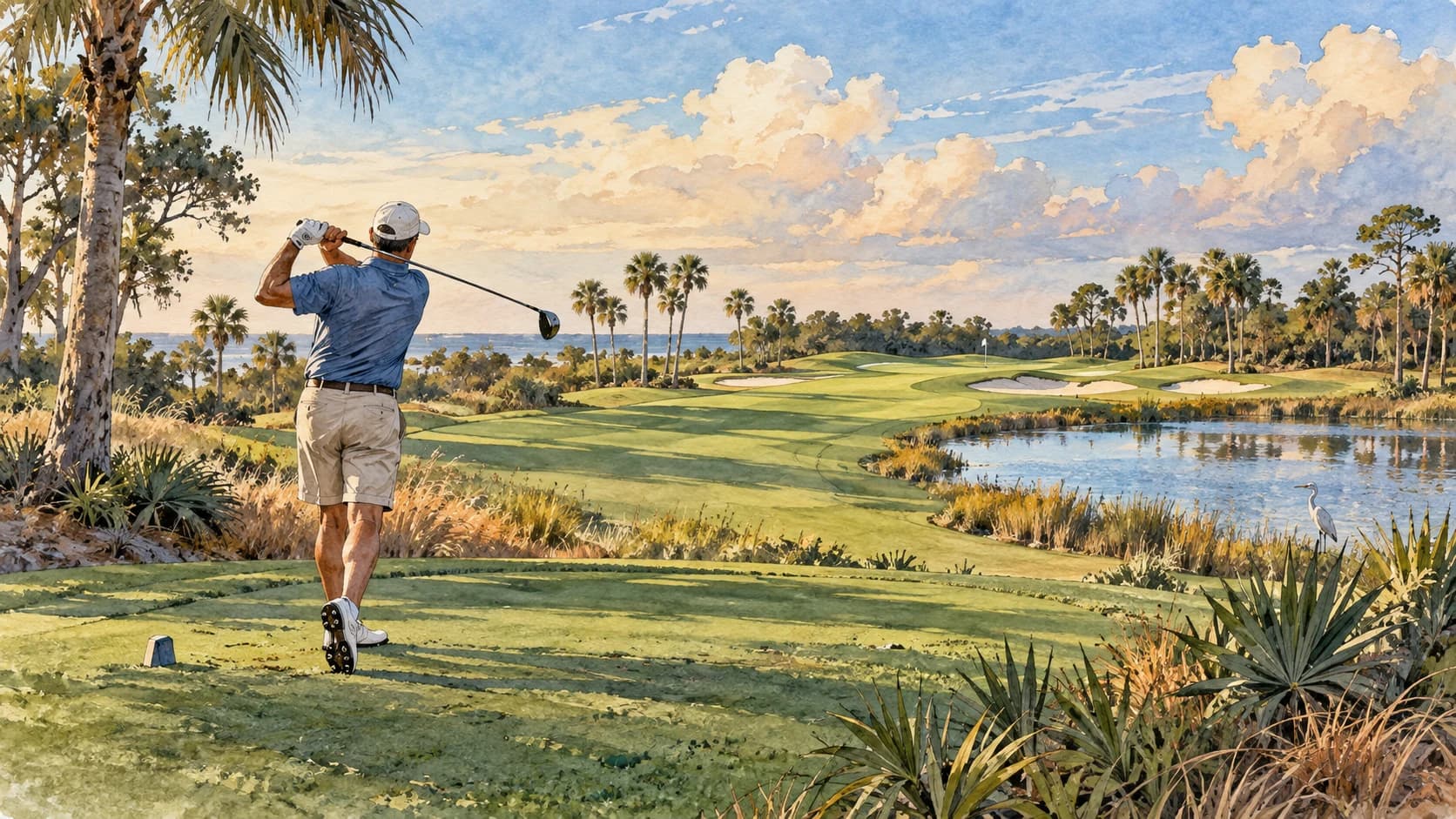 Editorial illustration: An inviting public golf course fairway in Port St Lucie inspired Florida landscape