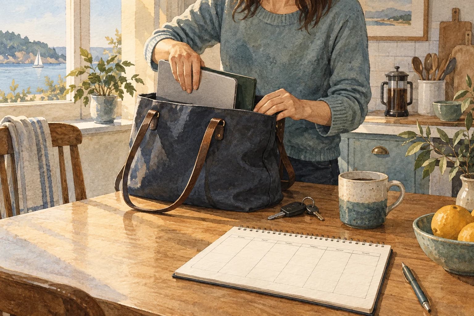 Editorial illustration: A commuter preparing a work bag and car keys on a kitchen table beside a blank paper weekly calendar