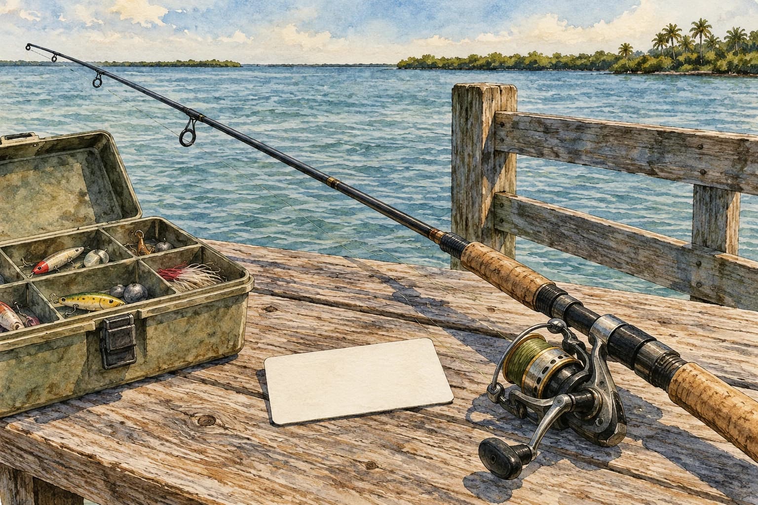 Editorial illustration: Fishing rod, tackle box and a blank license card on a tabletop beside a simple Florida pier railing