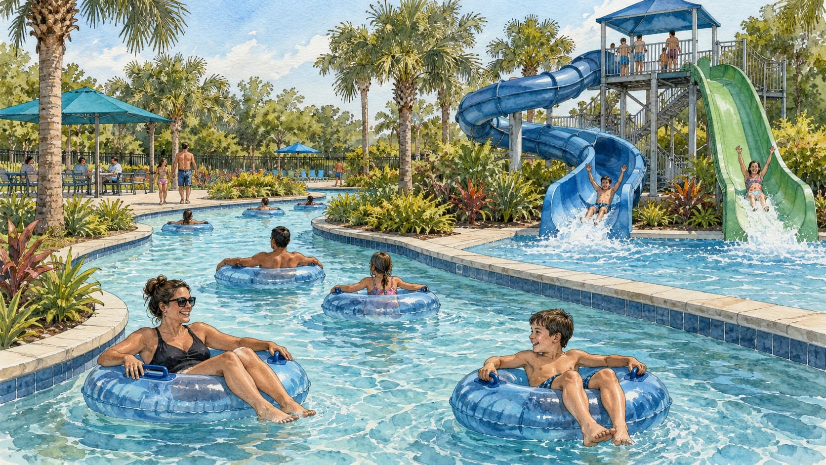 Editorial illustration: A small municipal Florida waterpark with a lazy river and two simple waterslides. Flat ground