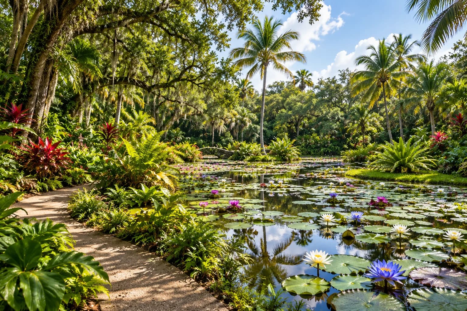 Editorial illustration of a waterlily pond in a tropical Vero Beach garden