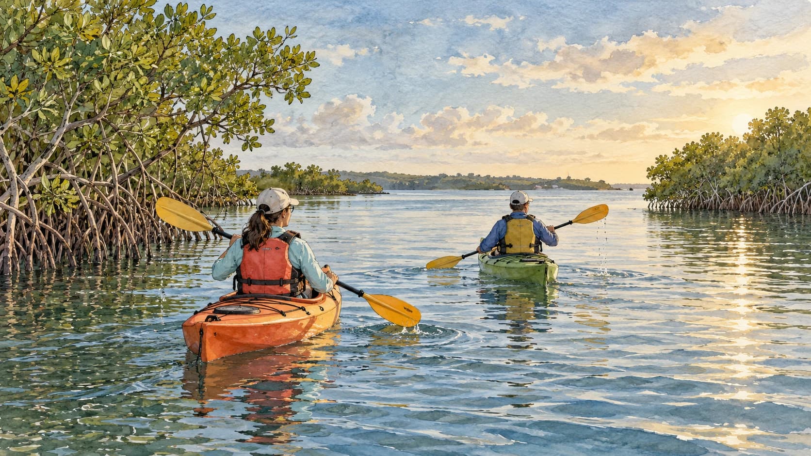 Editorial illustration: Two kayakers wearing correctly fitted life jackets paddling together on a broad sheltered river lined with Florida mangroves; distant shoreline, ample open water