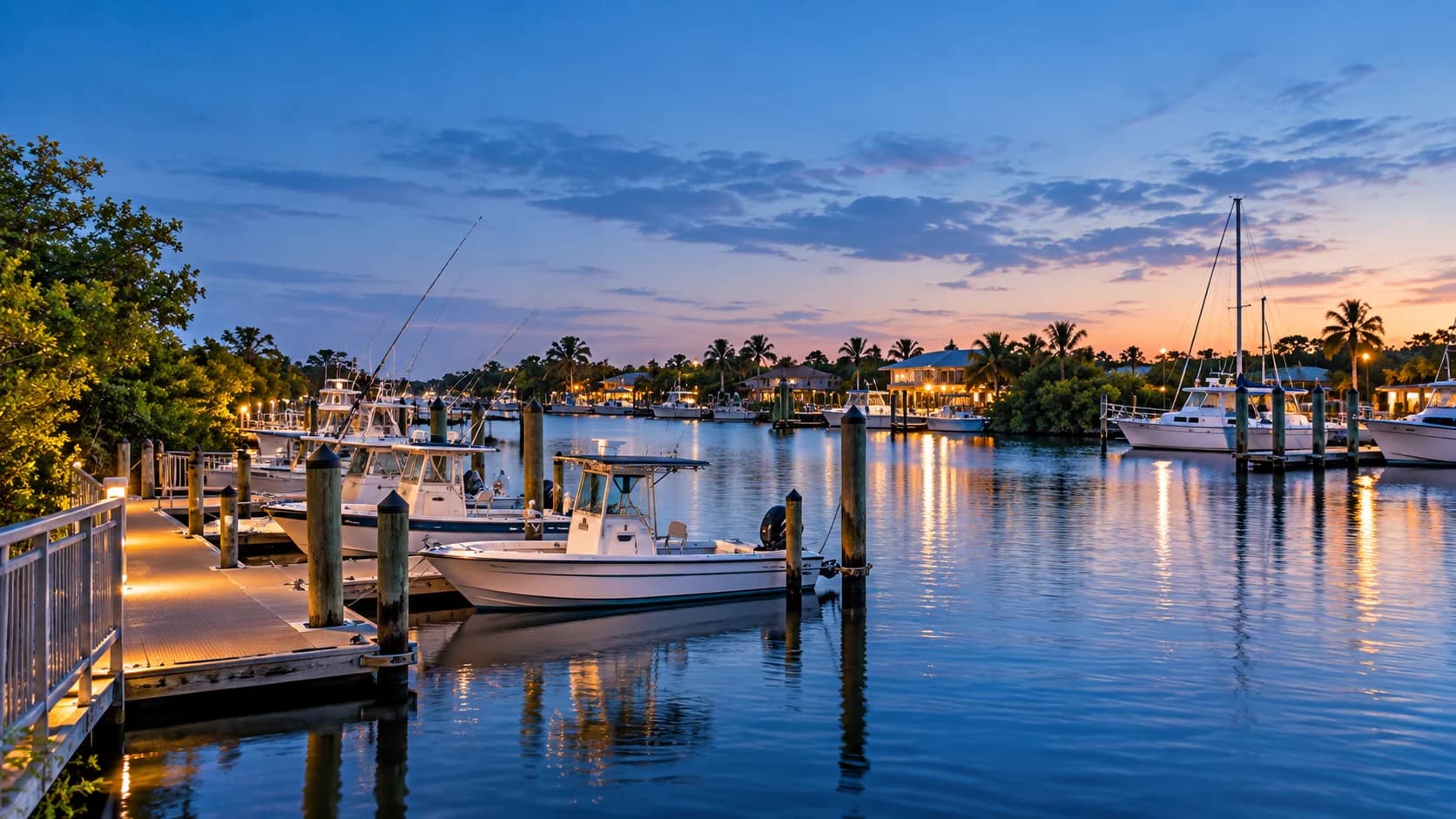 Fishing boats at the Manatee Pocket docks in the early evening.