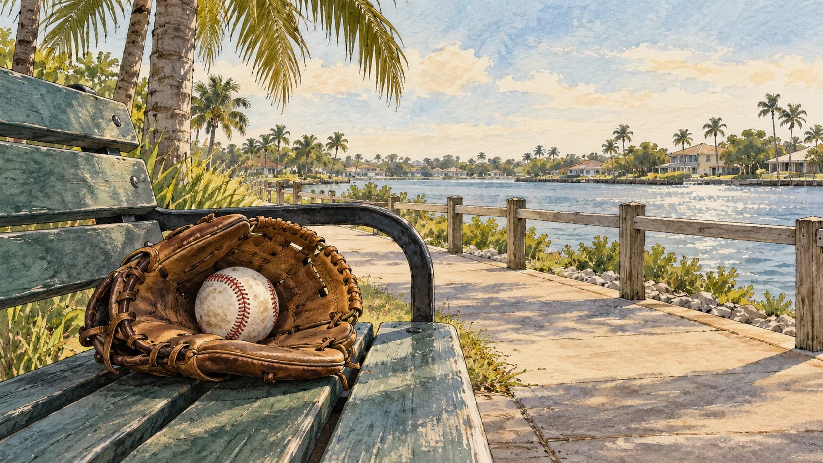 Editorial illustration: A baseball glove and ball resting on a park bench beside a Florida riverfront boardwalk, palms and low suburban buildings in the distance