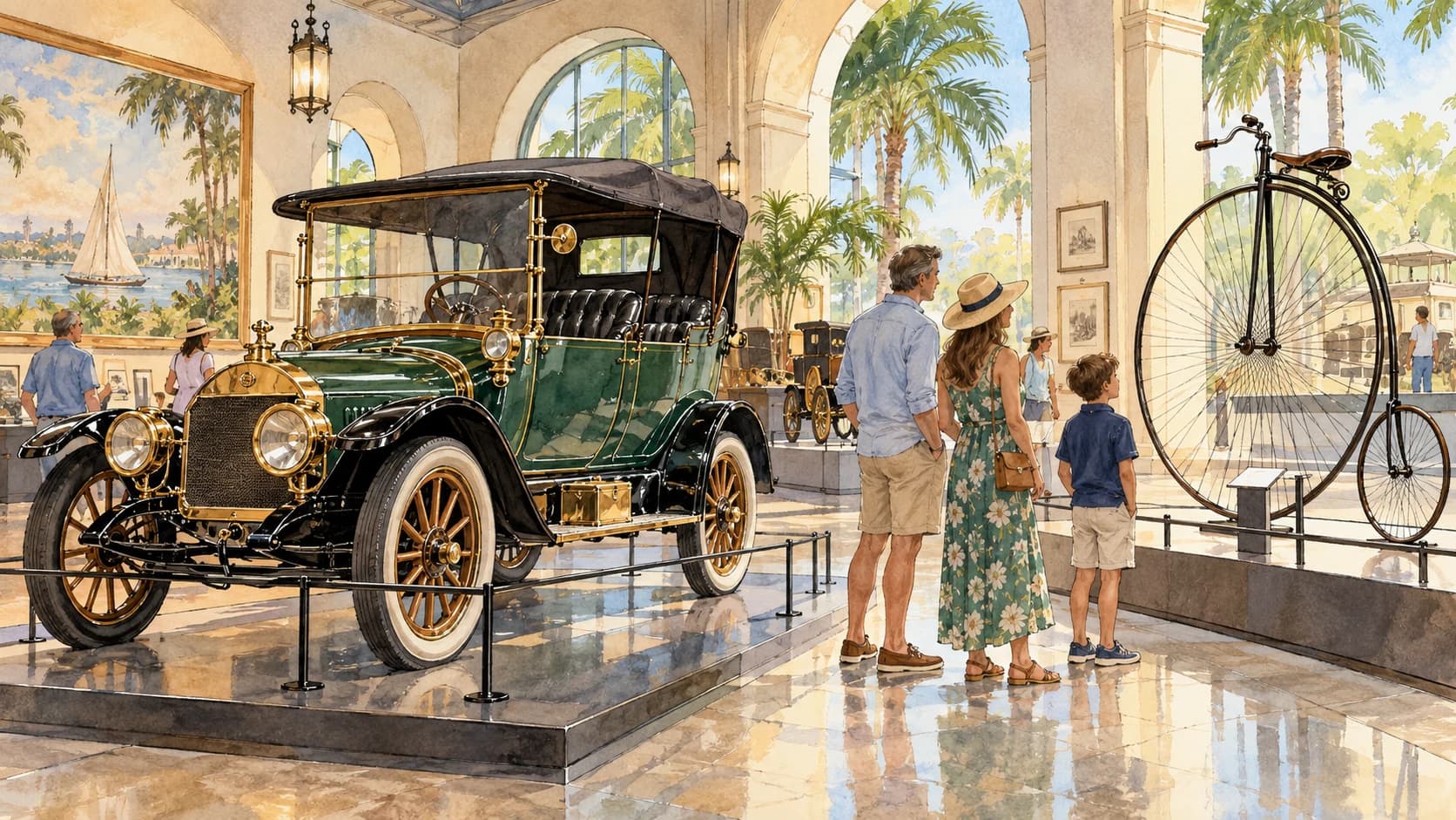 Editorial illustration: An elegant classic automobile and early bicycle in an illustrated museum gallery