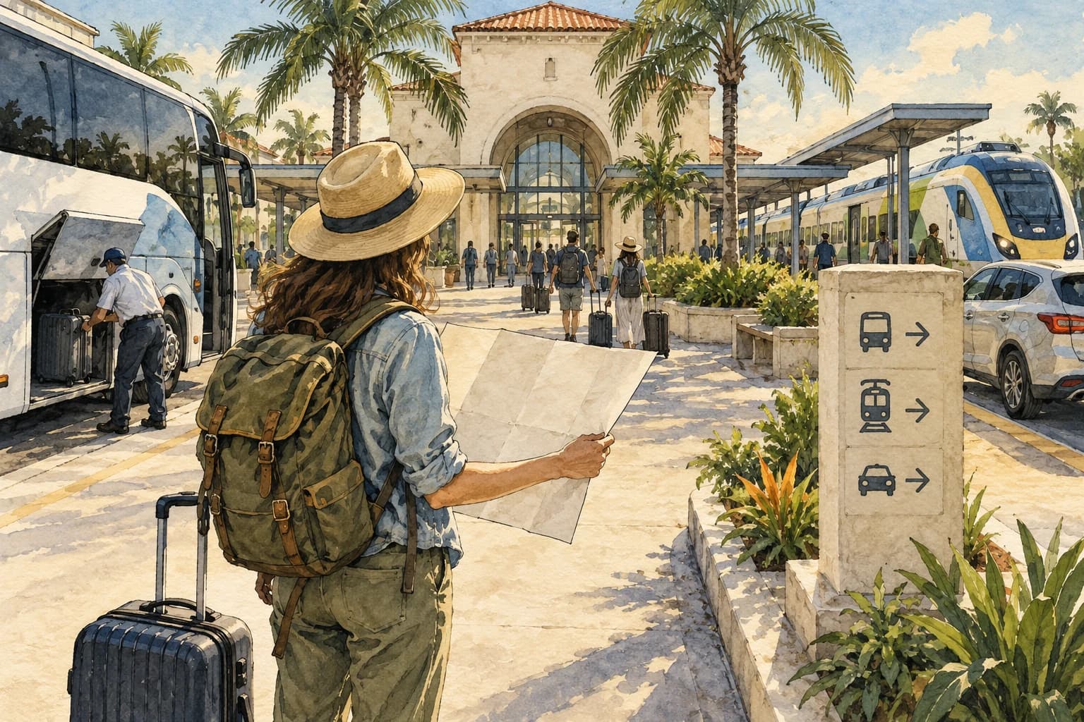 Editorial illustration: A traveler with luggage looking at a blank route plan with a car and train in background