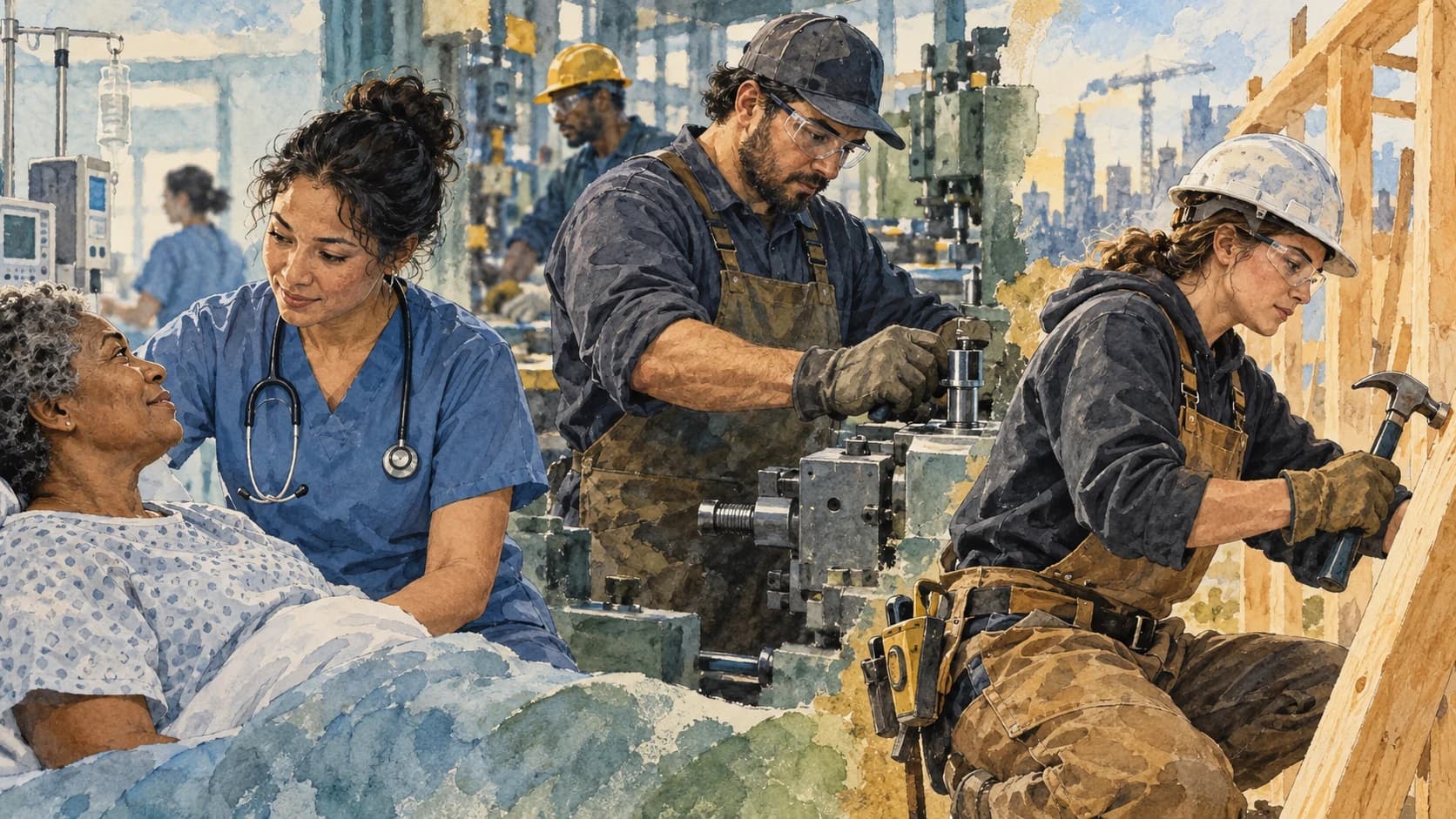 Editorial illustration: A diverse set of adults at work in healthcare, manufacturing and skilled trades depicted thoughtfully