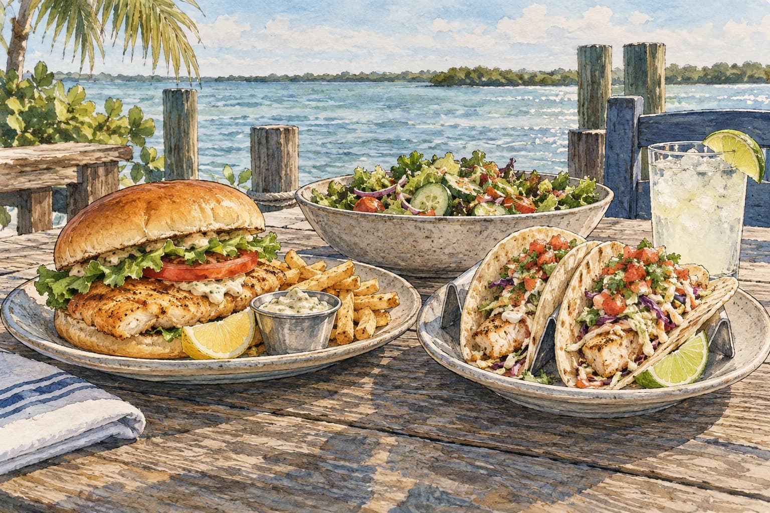 Editorial illustration: A simple grouper style sandwich, fish tacos and salad on a waterfront dining table