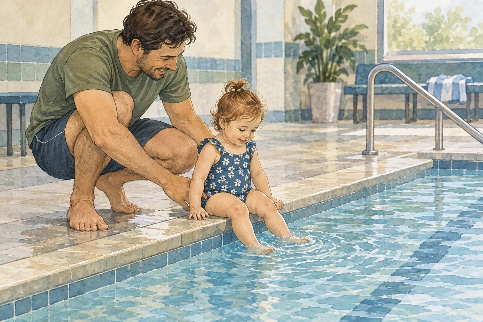 Editorial illustration: A parent beside a toddler sitting safely at the edge of a shallow rectangular chlorinated pool. Indoor or simple municipal outdoor pool setting