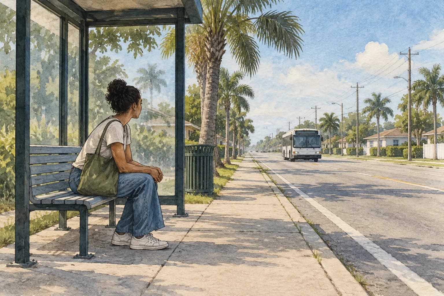 Editorial illustration: A person waiting at a simple bus-stop shelter along a flat suburban Florida street. Plain unbranded bus far away