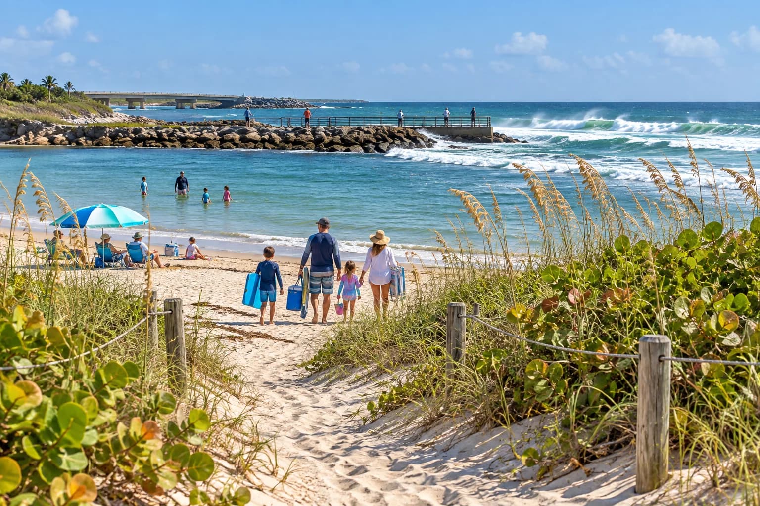 Editorial illustration of a sandy path toward the Sebastian Inlet cove