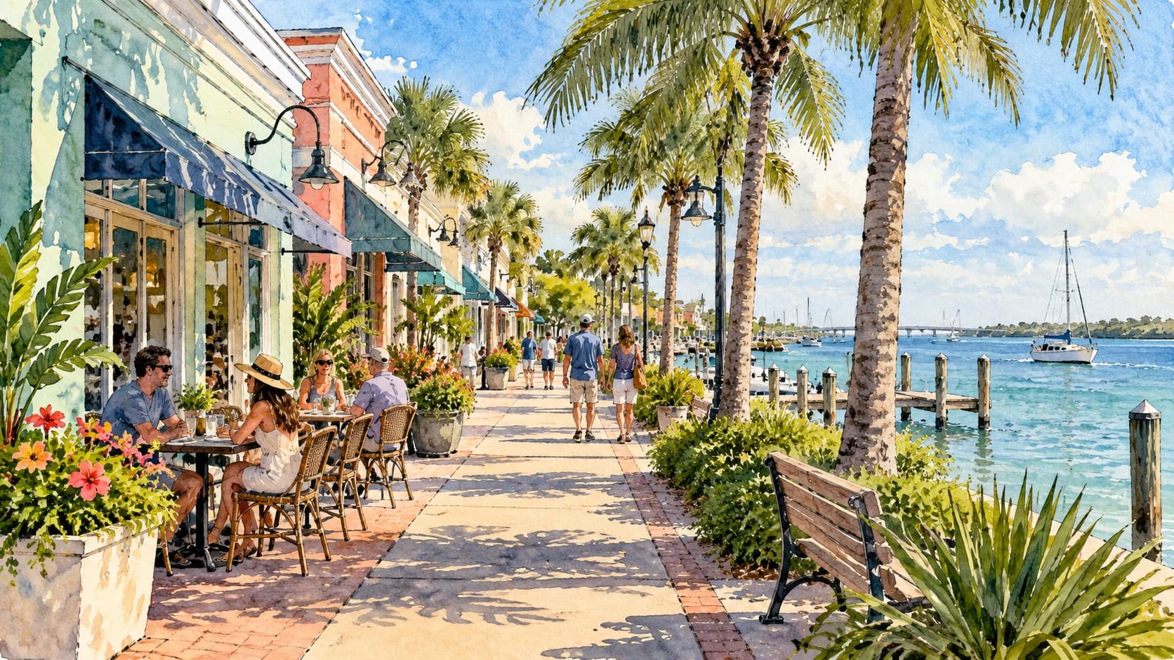 Editorial illustration: Compact coastal downtown main street with cafes and palms, Jensen Beach inspired
