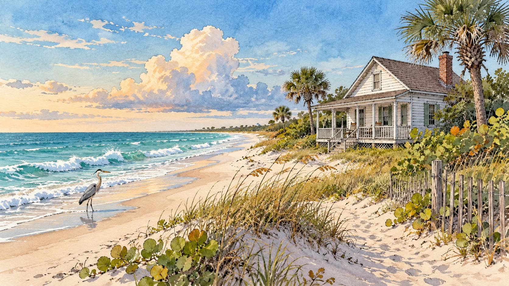 Editorial illustration: An Atlantic shore scene and a modest nineteenth century wood framed coastal refuge house interpreted loosely rather than exact architecture