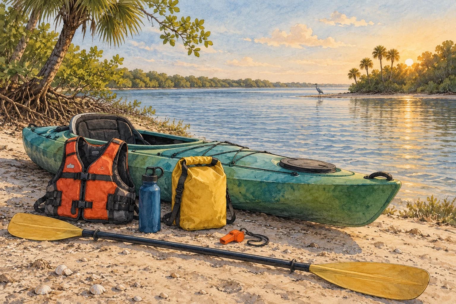 Editorial illustration: A kayak on a dry shore with a wearable life jacket, paddle, drinking water bottle, waterproof dry bag and whistle neatly arranged, broad Florida river in background