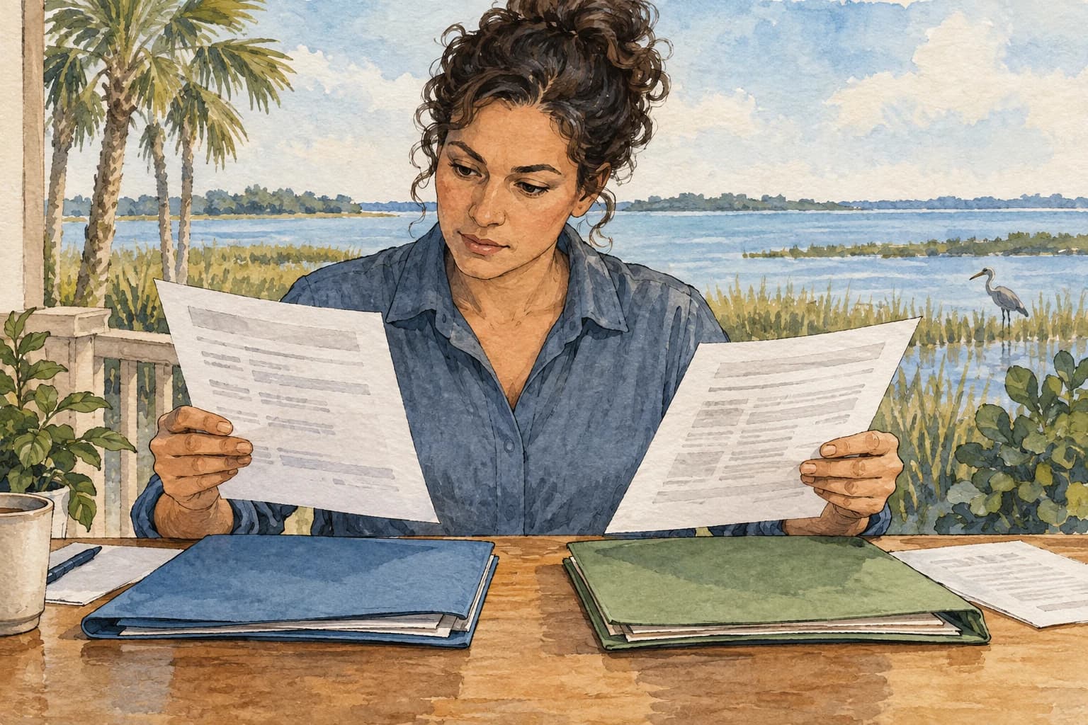 Editorial illustration: A person comparing generic election result documents for city and county with distinct blank folders