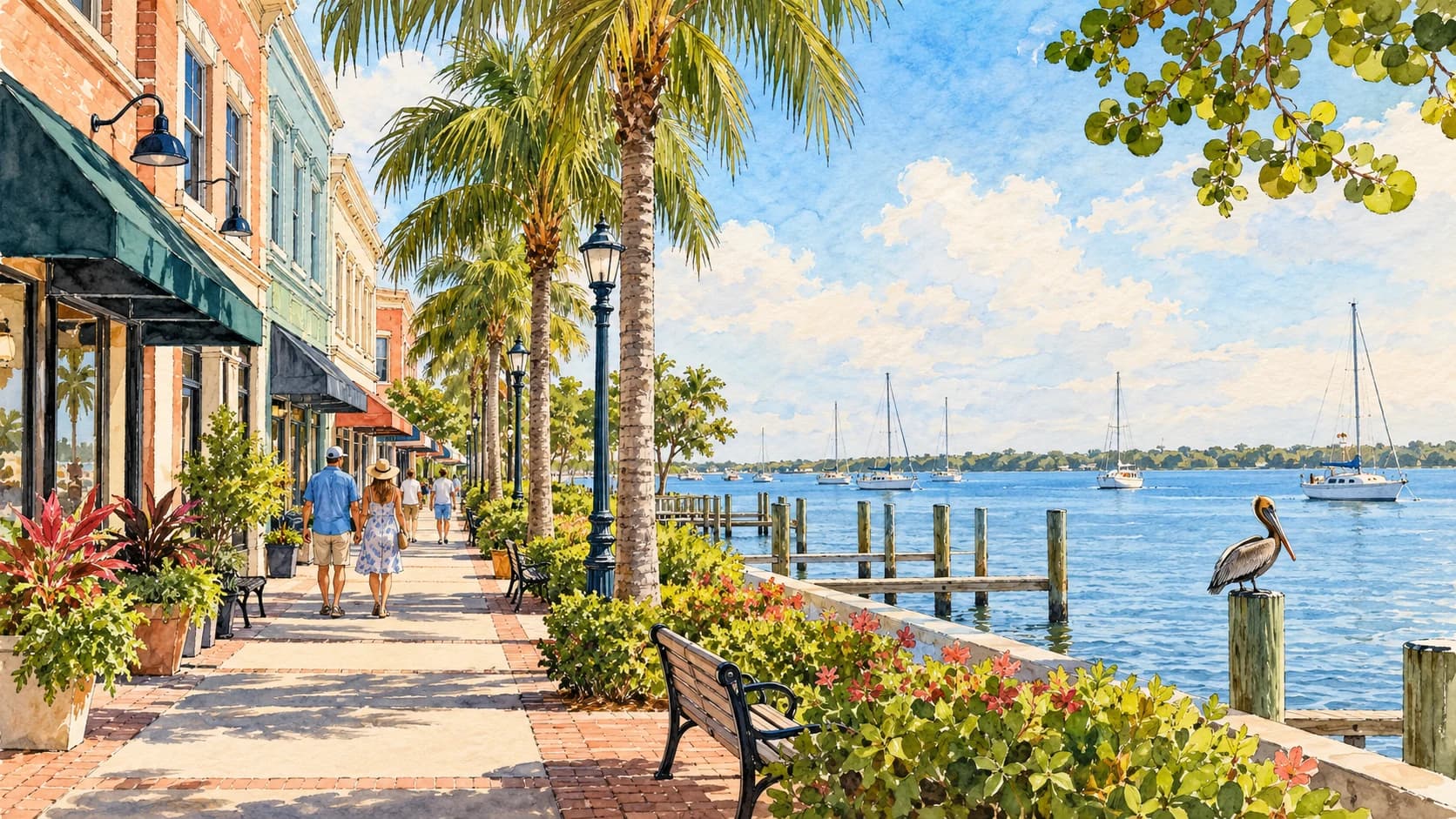 Editorial illustration: Historic downtown Florida streetscape opening onto Indian River Lagoon waterfront, Fort Pierce inspired