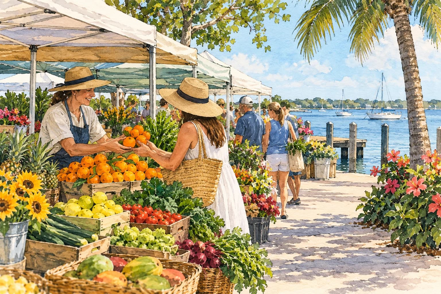 Editorial illustration: A waterfront farmers market scene with citrus and produce stalls