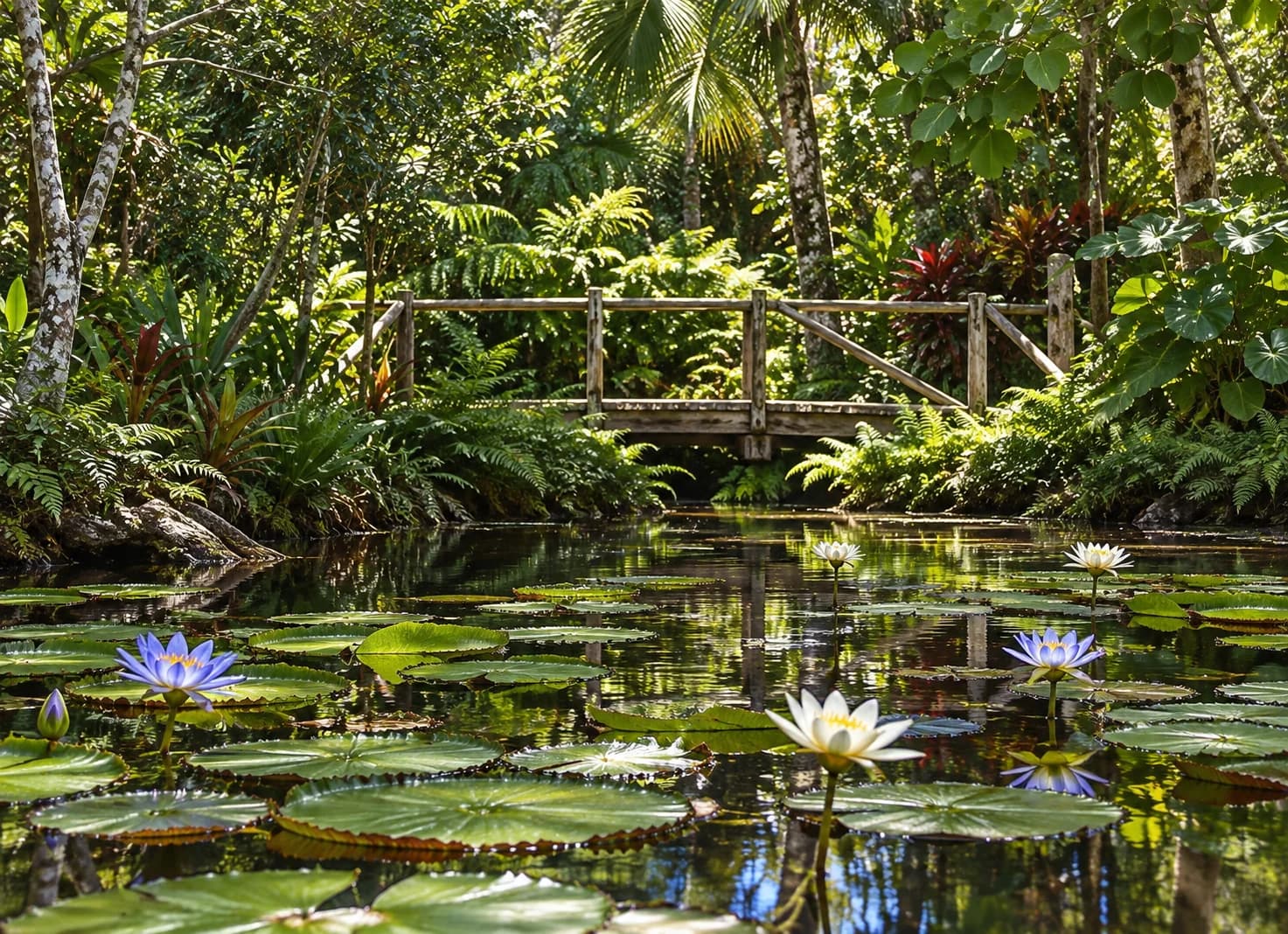 Editorial illustration of blooming waterlilies in a shaded garden pond