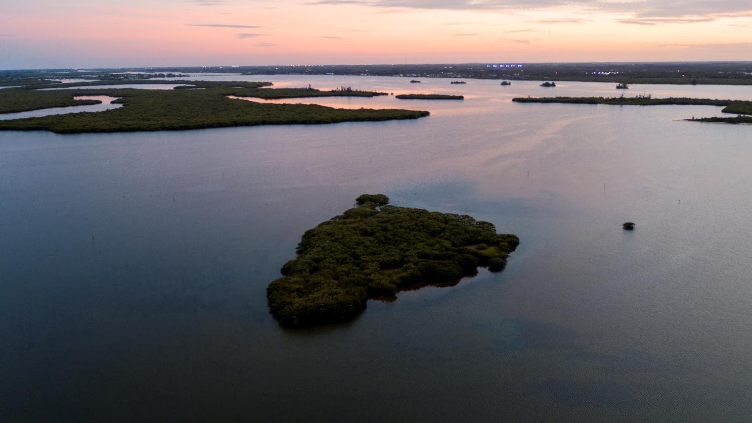 Aerial view of Pelican Island National Wildlife Refuge at sunset in Indian River County, Florida