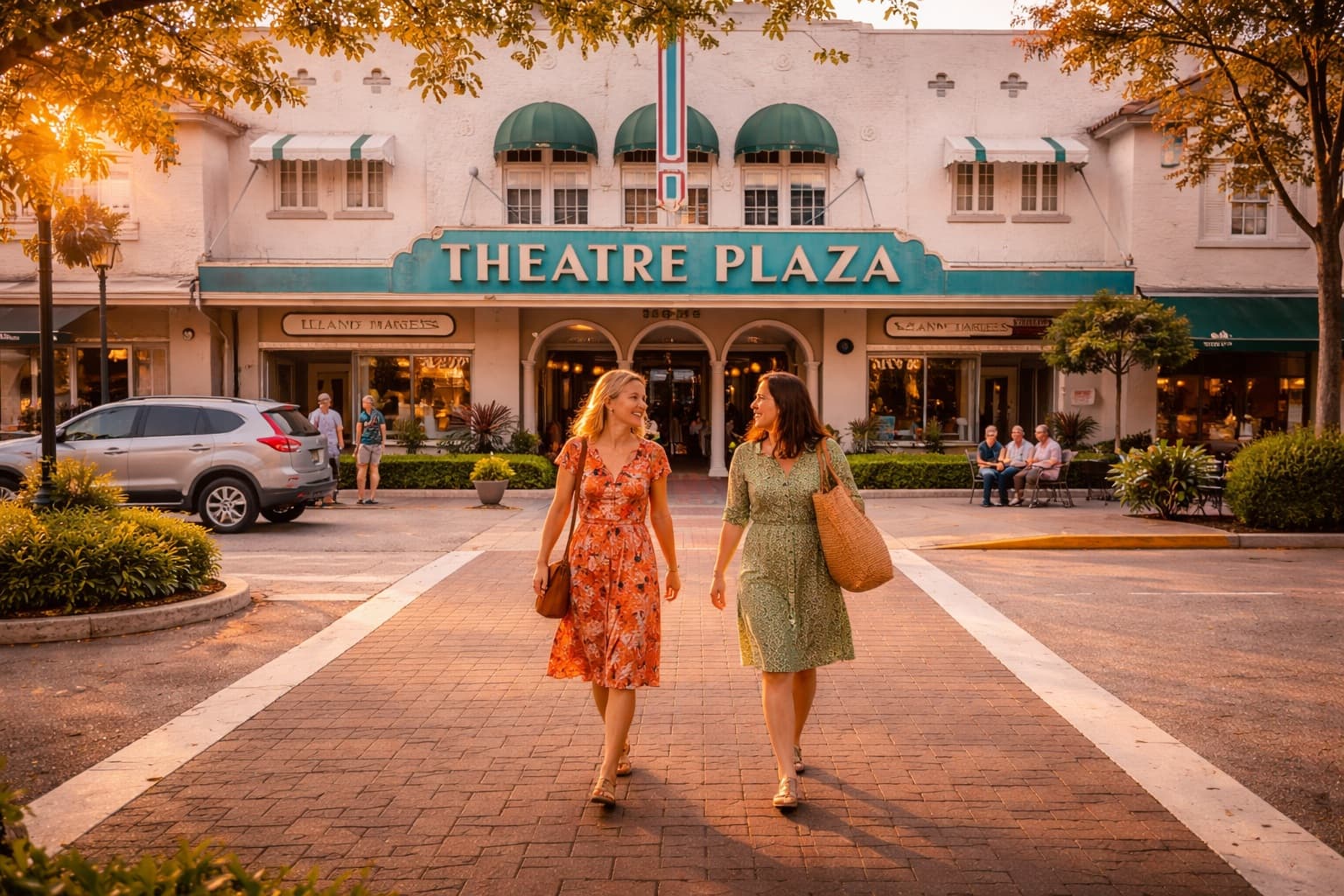 Two friends stroll on Main Street in downtown Vero Beach
