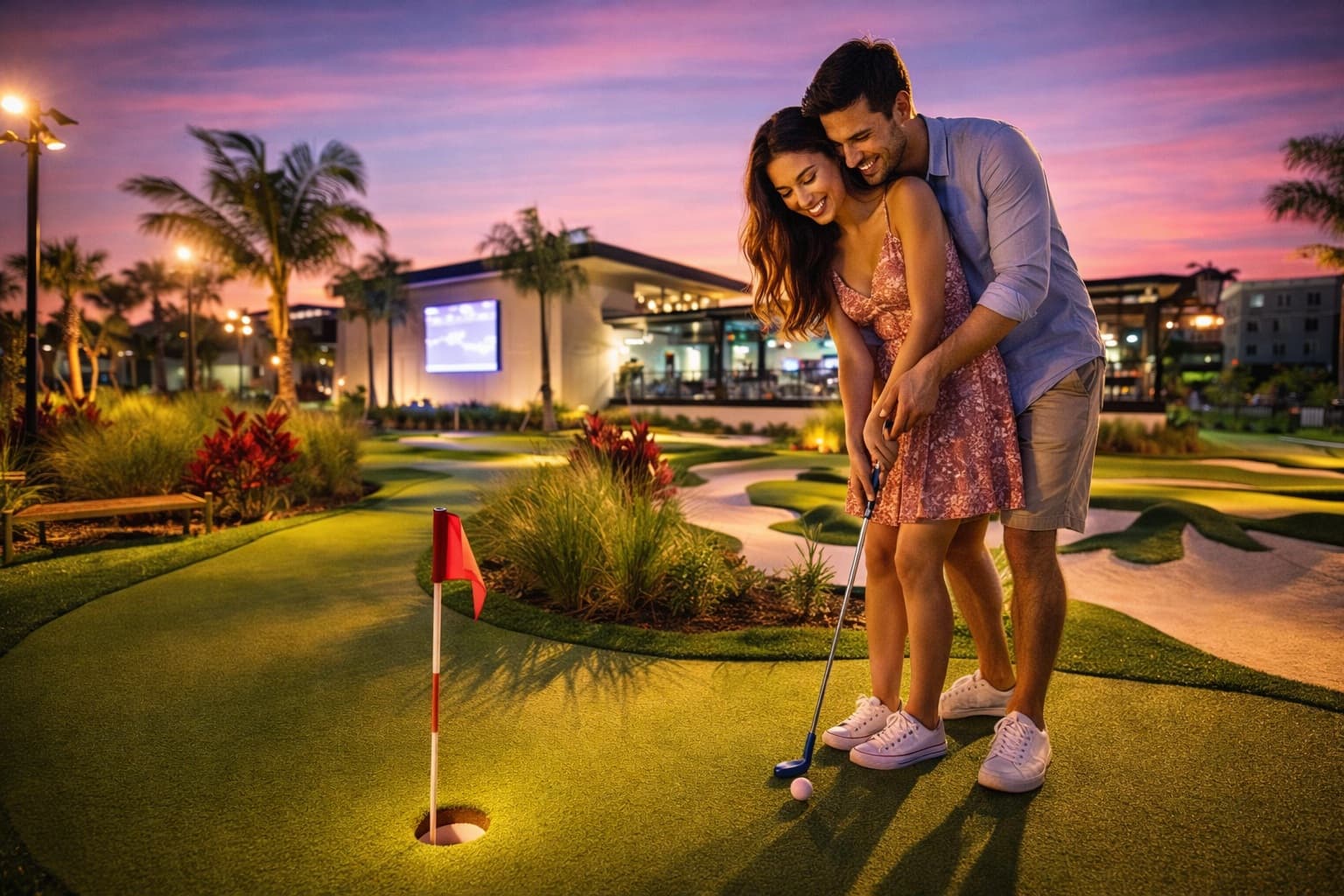a couple plays mini golf