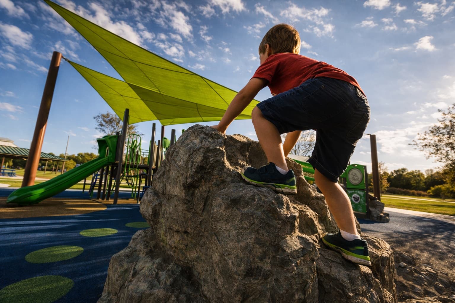 a kid climbs on the play rocks at Winterlakes Park