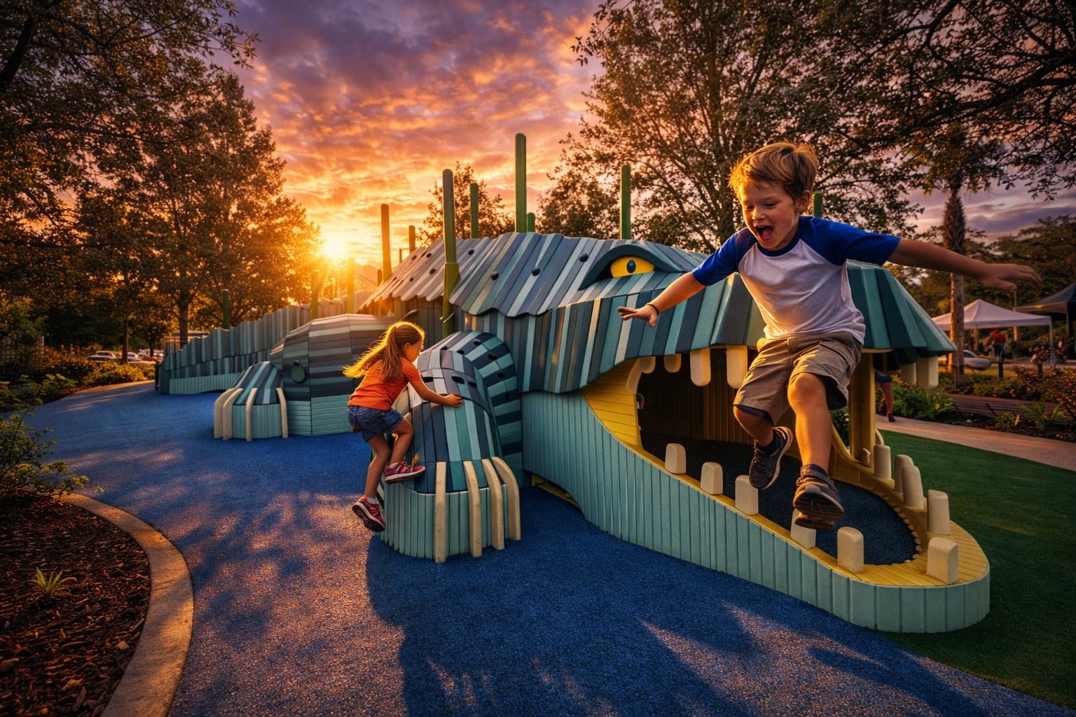 Kids playing at the gator-themed playground in Pioneer Park in Port St. Lucie