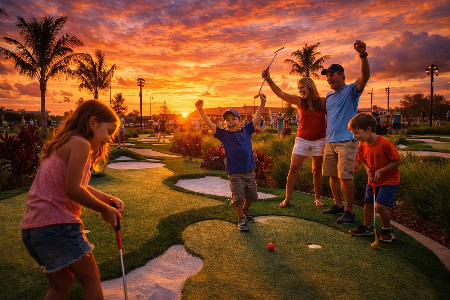 Family enjoying PopStroke Port St. Lucie at sunset