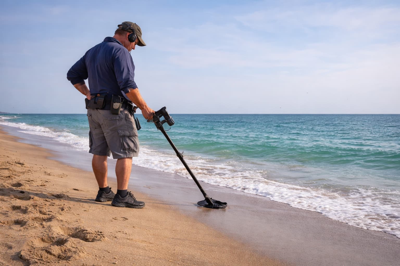 Metal detector user searching a Treasure Coast beach in the morning