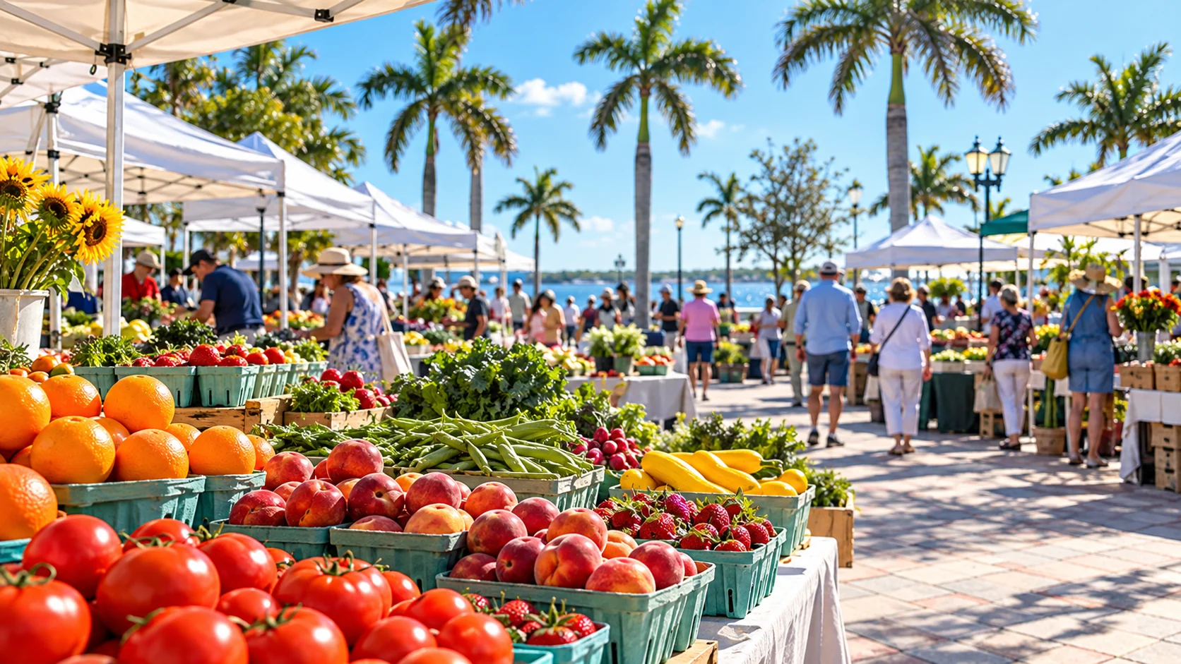 Illustration of produce stalls beneath white tents beside the Fort Pierce waterfront.