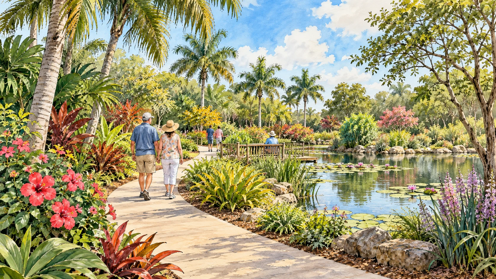 Illustration of visitors walking beside a pond and palms inspired by Port St. Lucie Botanical Gardens.