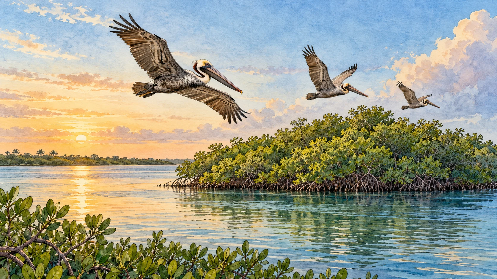 Illustration of brown pelicans flying above a lagoon mangrove island inspired by Pelican Island.