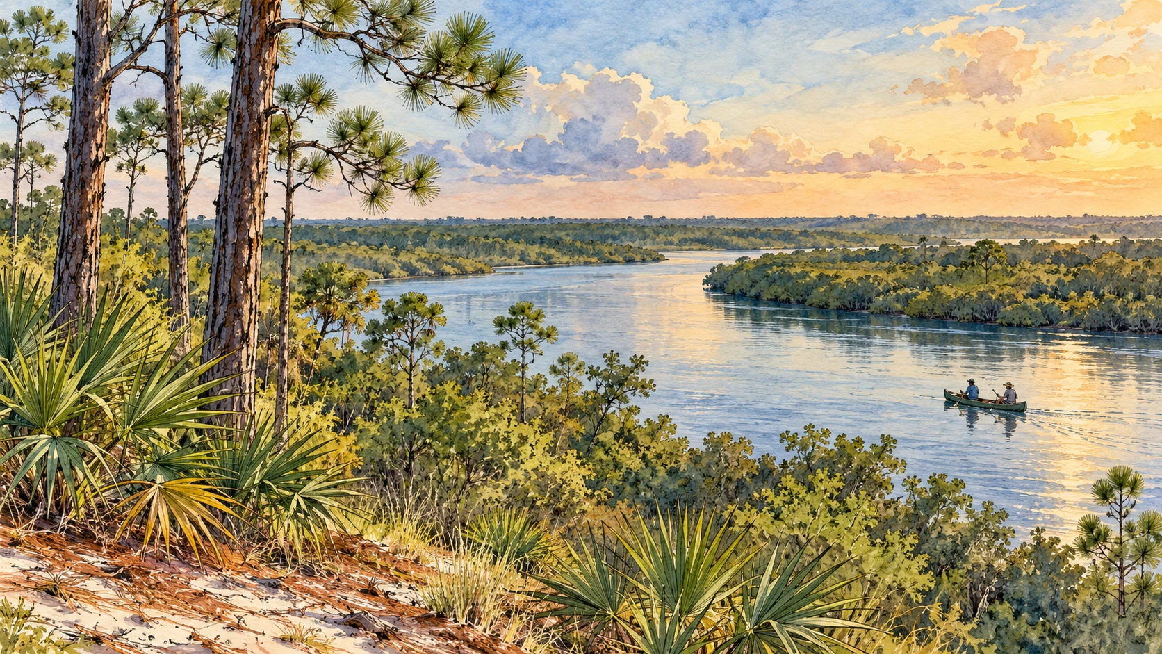 Conceptual illustration of pine flatwoods and a river bend inspired by Jonathan Dickinson State Park, not current park conditions.