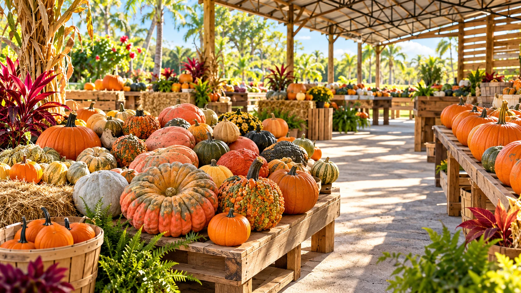 Illustration of heirloom and carving pumpkins under an open-air farm shelter in Martin County.