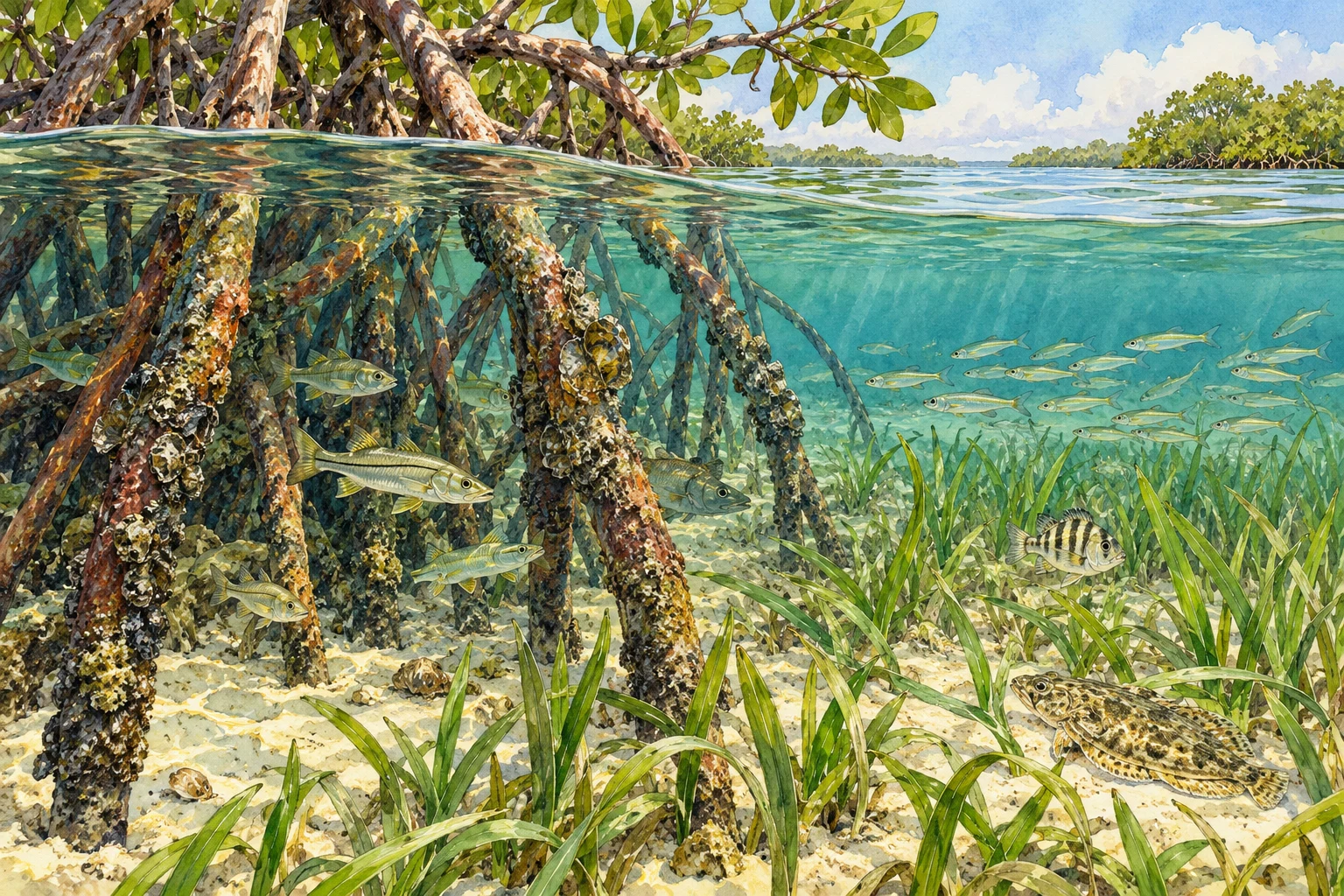 Conceptual aquarium illustration of mangrove roots, seagrass and estuary fish; not the festival or current lagoon conditions.